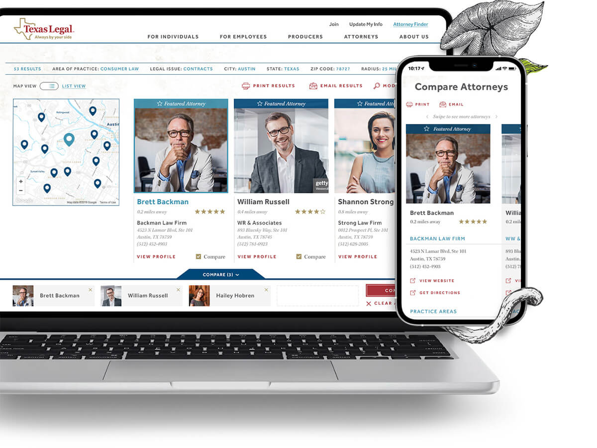 A laptop and phone view of multiple attorneys selected for comparison and the multi-column view of those attorneys
